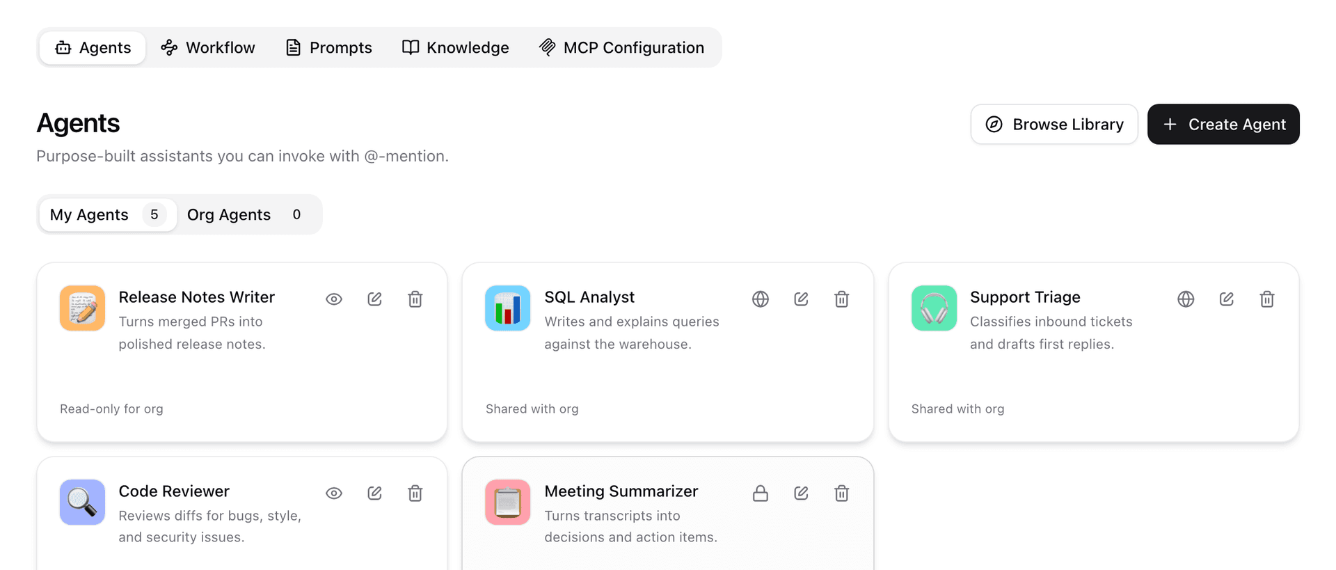 Wirebase agents workspace with purpose-built assistants shared across the organization