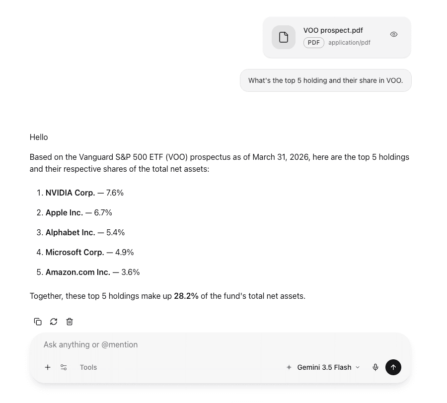 A chat thread with a PDF attached and the assistant's answer drawn from it