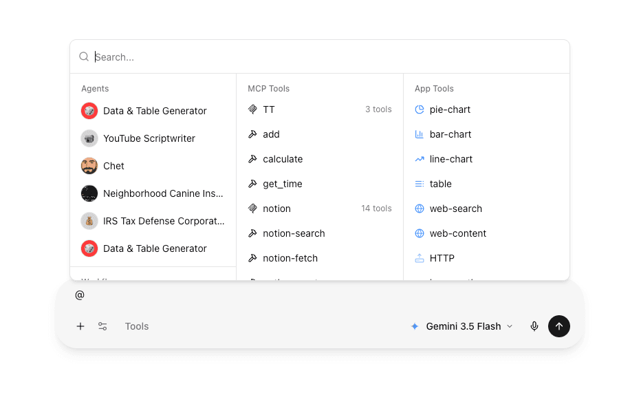@-mention picker showing agents, connector tools, and app tools available in chat