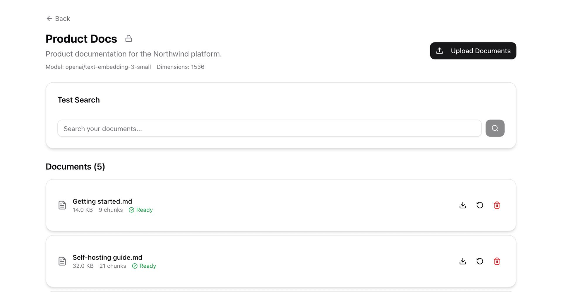 Knowledge base with uploaded documents, chunk counts, and semantic search