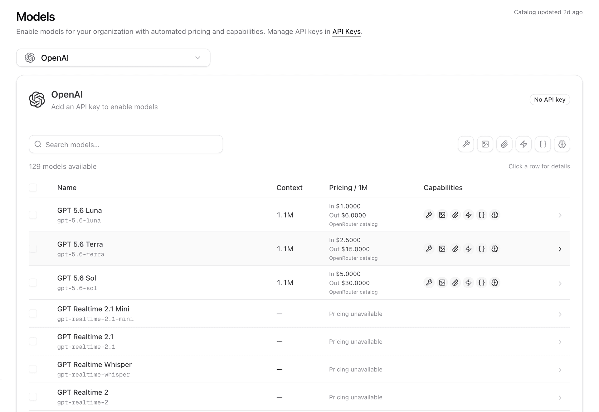 Wirebase model catalog listing provider models with context size, pricing, and capabilities