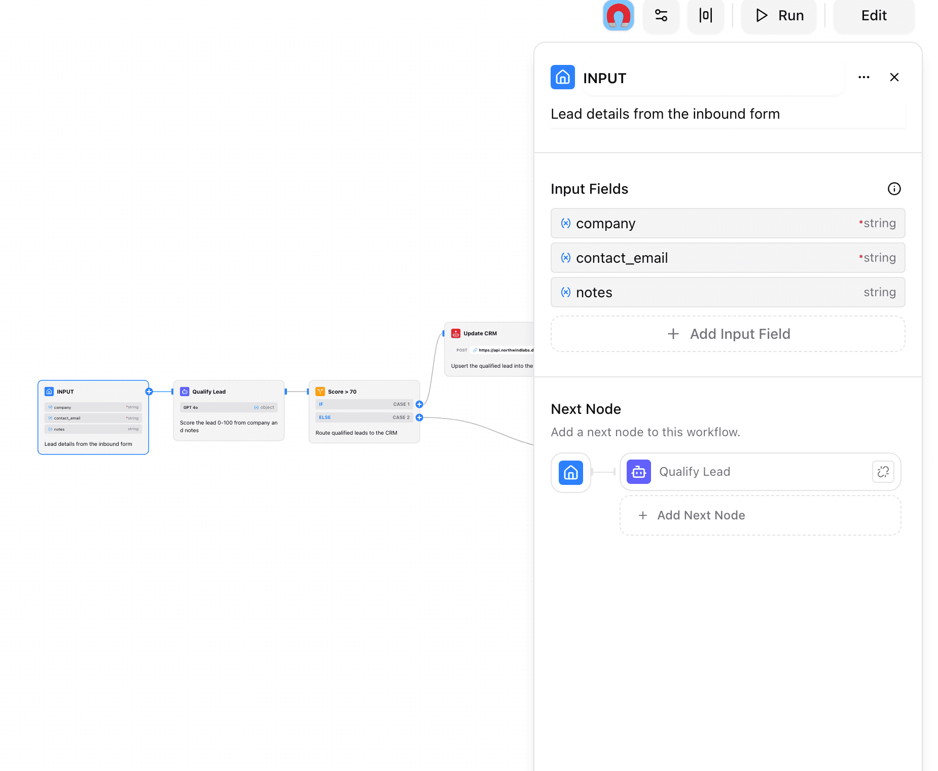 Workflow node inspector with typed inputs and outputs